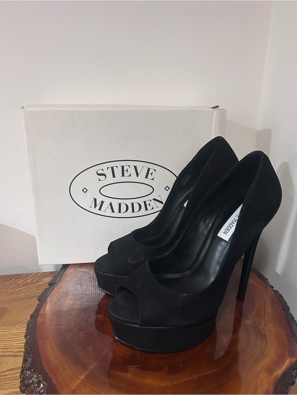 Steve Madden Black Suede Peep-Toe Platform Pumps